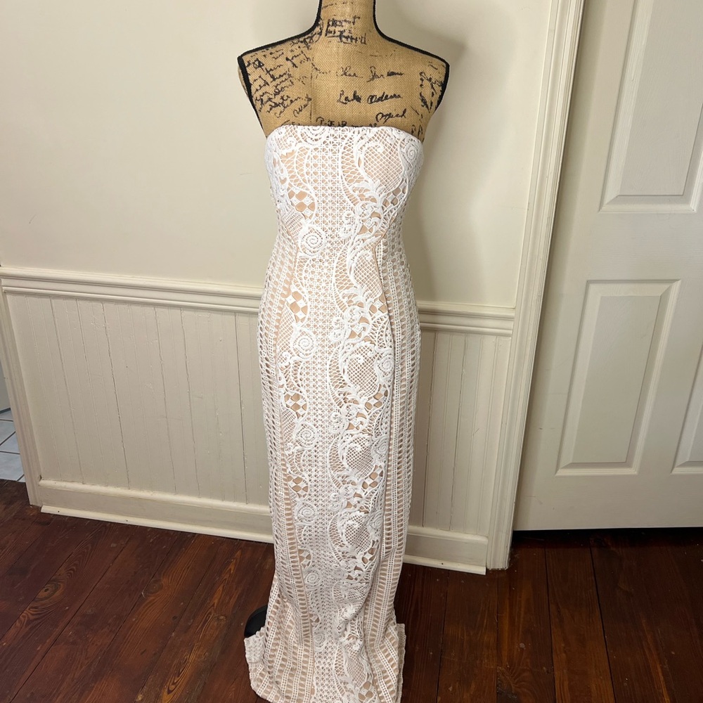Strapless White Lace Maxi Dress
